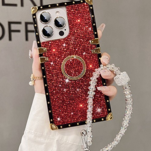 Glitter Bling Phone Case With Ring Holder And Beaded Lanyard For iPhone